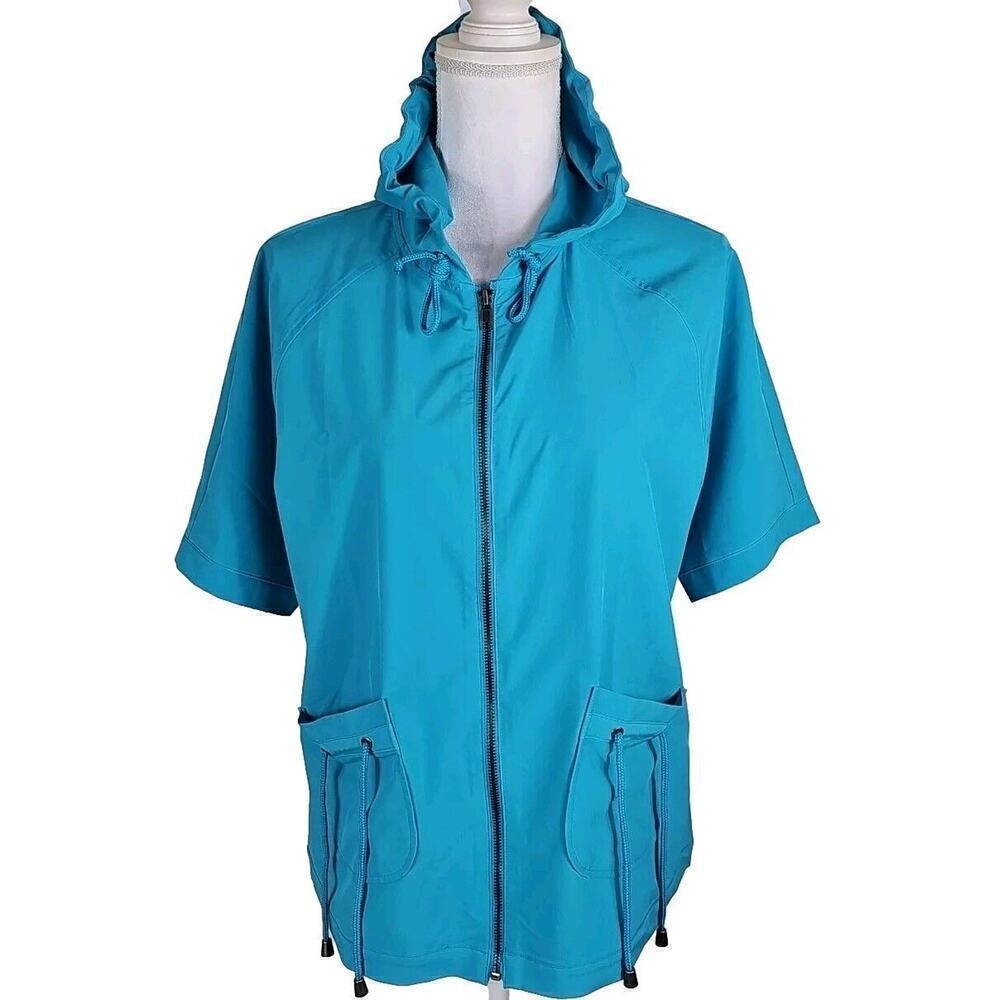 Additions by Chico's ~Size 1 (US M)~ Blue Hooded Short Sleeve Full Zip Jacket.